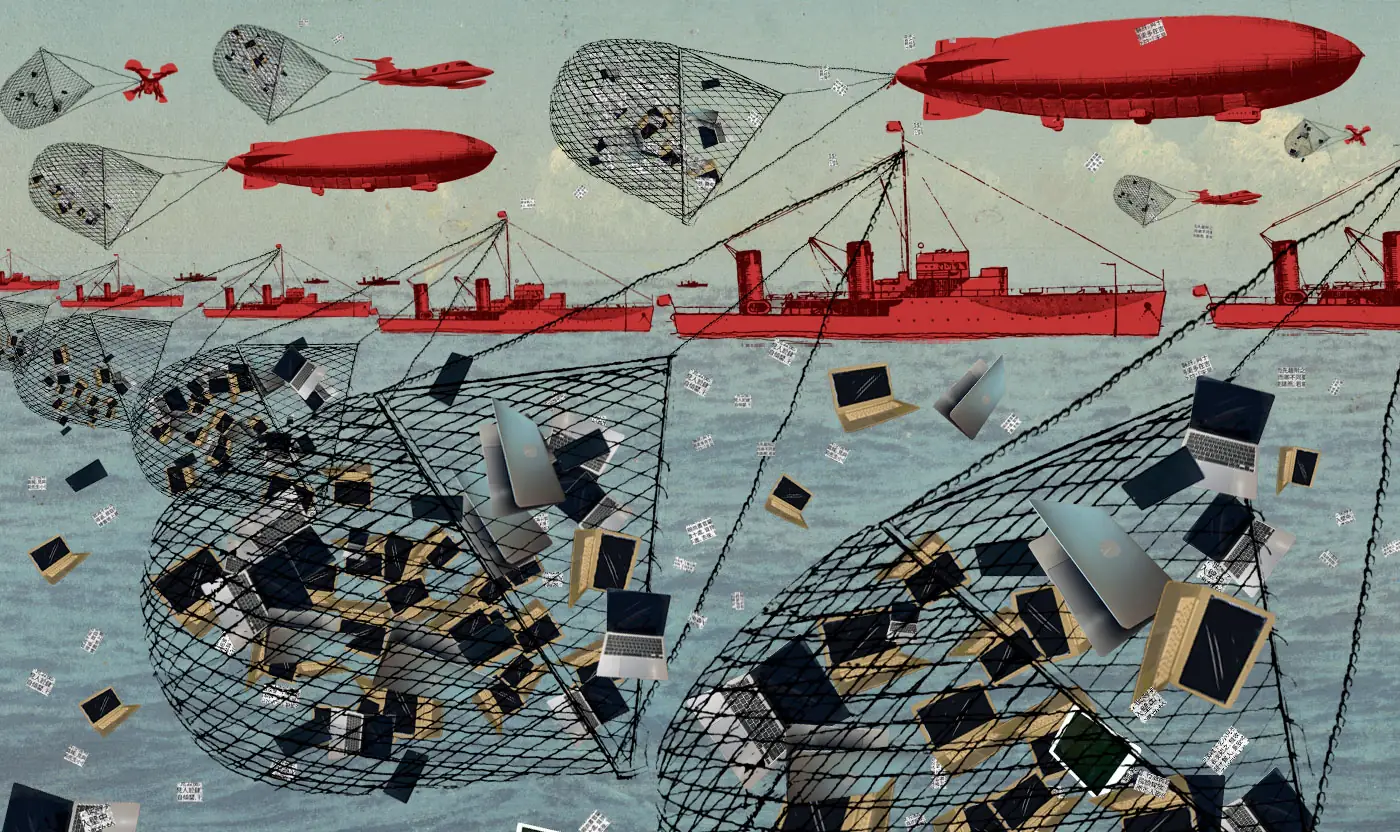 A collaged image showing blimps, trawlers, and drones catching data and digital devices in the sea and in the air